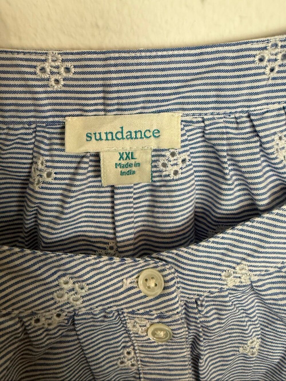 Sundance Women’s XXL Blue White Striped Eyelet Embroidered Cotton Boho Peasant B - Picture 2 of 5